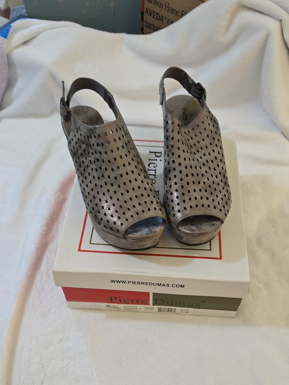 Pierre Dumas Metallic Silver Peep-Toe Perforated Slingback Wedges